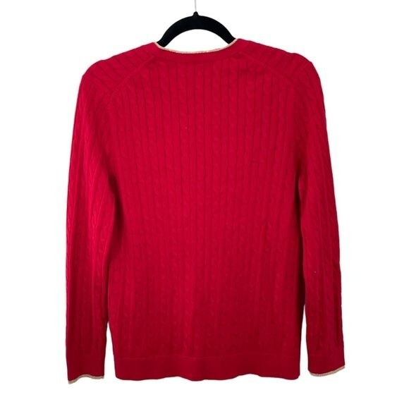 Lands' End Women's Cable Knit Gold Contrast Trim V-Neck Cardigan Sweater Red PL - Picture 2 of 7